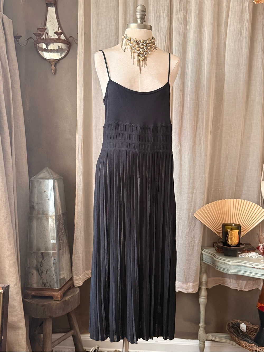 Flattering Classic Black Pleated see through sheer Slip Midi Dress y2k